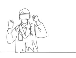 Single continuous line drawing of young happy male doctor celebrates his victory finishing all stages at simulation games. Virtual reality game player concept one line draw design vector illustration