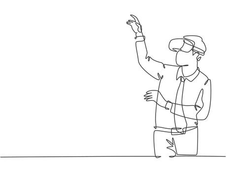 One continuous line drawing of young happy businessman pretending to touch button while wearing virtual reality helmet. Modern futuristic video game concept single line draw design vector illustration