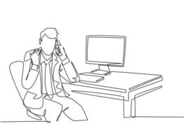 Single continuous line drawing of young furious male manager holding a smartphone and calling his staff at office to ask report. Discussion on phone concept one line draw design vector illustration