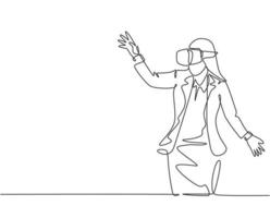 Single continuous line drawing of young happy businesswoman reaching something while playing simulation game. Virtual reality game player concept. Modern one line draw design vector illustration