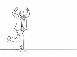 Un dibujo continuo de una sola línea del joven empresario feliz puño con la mano en el aire después de correr para cruzar la línea de meta. Ilustración de vector de diseño de dibujo de línea única de concepto de carrera empresarial