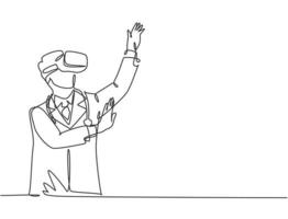 One continuous line drawing of young manager pointing finger at top hill while playing virtual reality simulation. Modern futuristic video game concept single line draw design vector illustration