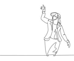 One single line drawing of young happy gamer business woman wearing virtual reality glasses and pointing finger. Smart technology futuristic game player concept continuous line draw vector design