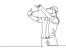 Single continuous line drawing of young male worker gesture forming square shape from his finger while playing augmented reality game. Virtual reality concept one line draw design vector illustration