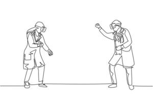 Single continuous line drawing of young male and female doctor ready to punch each other while playing simulation game. Virtual reality game player concept one line draw design vector illustration