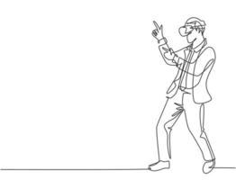 One single line drawing of young happy business man pretending as a cowboy while playing virtual reality game. Smart technology futuristic game concept continuous line draw design vector illustration