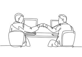 One continuous line drawing of two young happy male worker bump their fist to celebrate their success at the office. Business teamwork concept single line graphic draw design vector illustration