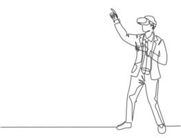 One continuous line drawing of young happy businessman simulates to press button on virtual reality goggles. Modern augmented reality video game concept single line draw design vector illustration