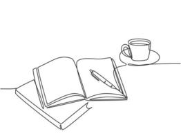 Single continuous line drawing of hand gesture writing on an open book beside a cup of coffee at work desk. Writing draft business concept. Modern one line draw design vector graphic illustration