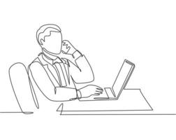 One single line drawing of young male company director giving short brief through phone call to his team member from the office. Business talk concept continuous line draw design vector illustration