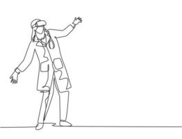Single continuous line drawing of young shock female doctor tries to avoid obstacle while playing game simulation. Virtual reality game player concept. Trendy one line draw design vector illustration