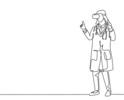 Single continuous line drawing of young female doctor giving thumb up gesture after successful finishing level at game. Virtual reality game player concept one line draw design vector illustration