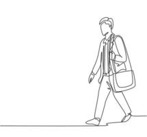 un dibujo de una sola línea del joven gerente masculino caminando, relajarse en la calle de la ciudad para ir a la oficina mientras sostiene el documento. Ilustración de vector de diseño de dibujo de línea continua de concepto de trabajador de cercanías urbano