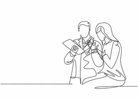 One single line drawing of young male doctor giving a consultation session to female patient while reading medical record. Medical health care concept continuous line draw design vector illustration