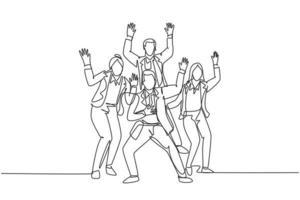 Single continuous line drawing of young happy male and female trainer prancing with joy at the seminar room together. Business teamwork celebration concept one line draw design vector illustration