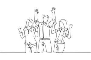 Single continuous line drawing of young happy female and male workers prancing with joy at the office room together. Business teamwork celebration concept one line draw design vector illustration