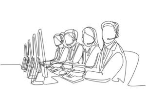 One single line drawing group of male and female customer service team members answer complaint phone call from clients kindly. Call center concept continuous line draw design vector illustration