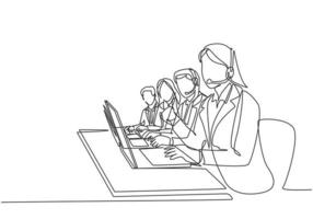 One continuous line drawing group of male and female call center team members answer complain phone call from clients kindly. Customer service concept single line draw design vector illustration