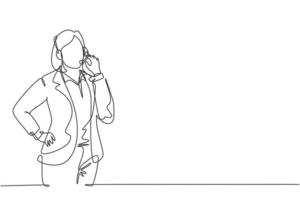 Single continuous line drawing of young happy female customer service worker answering phone call from customer kindly. Helpdesk center care concept one line draw design vector graphic illustration