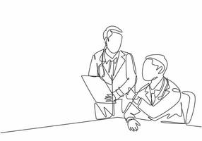 One continuous line drawing of two young doctor discuss and diagnosing patient illness from their x-ray photo result. Hospital health care service concept single line draw design vector illustration