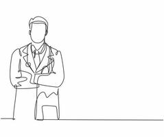 Single continuous line drawing of young happy male doctor pose standing manly cross his hand on chest. Medical health care service workers concept one line draw design vector graphic illustration