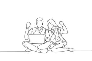 un dibujo de una sola línea de una joven pareja feliz sentada en el suelo mientras abre la computadora portátil para leer el informe anual de negocios. Concepto de celebración de negocios ilustración de vector de diseño de dibujo de línea continua