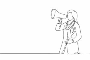 Single continuous line drawing of young female doctor announced important information to the patient using loudspeaker megaphone. Medical health worker concept one line draw design vector illustration