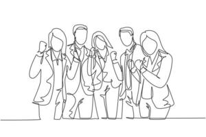 One continuous line drawing group of businessman and businesswoman line up neatly and fist hands together. Business teamwork celebration concept single line draw design graphic vector illustration