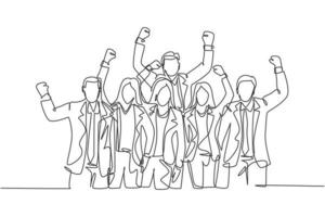 One single line drawing of young happy male and female manager open and raise their hands together. Trendy business teamwork celebration concept continuous line graphic draw design vector illustration