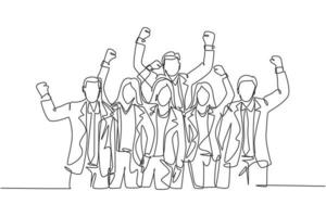 One single line drawing of young happy male and female manager open and raise their hands together. Trendy business teamwork celebration concept continuous line graphic draw design vector illustration