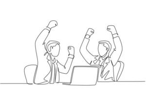 One continuous line drawing of two young businessman raise their hands up to the sky after watching sales increasing on laptop. Business celebration concept single line draw design vector illustration