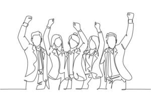 One continuous line drawing of young happy male and female managers raise their hands up to the sky together. Business teamwork celebration concept single line draw design graphic vector illustration