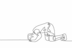 One single line drawing of sporty football player celebrates his goal with sujud of gratitude gesture at field. Match goal celebration concept continuous line graphic draw design vector illustration