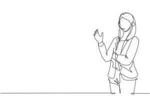 Single continuous line drawing of young happy female motivator poses neatly in front of camera after presentation at the office. Public trainer concept one line draw design vector illustration