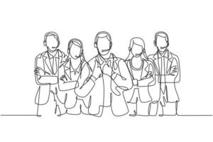 One single line drawing group of male and female customer service team members pose neatly in a straight line. Call center service excellence concept continuous line draw design vector illustration