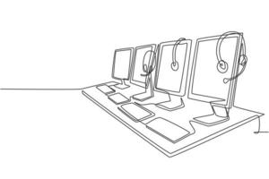 One continuous line drawing of set of customer service equipment, computer, headphone, monitor, keyboard and mouse. Call center service excellent concept single line draw design vector illustration