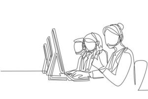 One continuous line drawing group of male and female telemarketing team members calling new customers to offer new product. Online sales agent concept single line draw design vector illustration