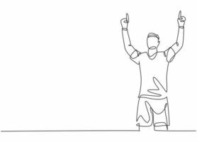 One single line drawing of young football player feels gratitude and pointing the fingers to the sky after goal scoring. Match goal celebration concept continuous line draw design vector illustration