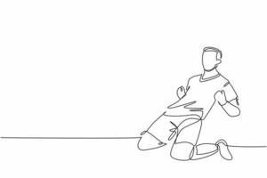 One continuous line drawing of young sporty soccer player sliding on the field emotionally after scoring a goal. Match goal scoring celebration concept single line draw design vector illustration