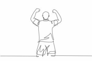 One continuous line drawing of sporty young soccer player raises his fist hands up to the sky emotionally on field. Match goal scoring celebration concept single line draw design vector illustration