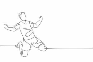 un dibujo de una sola línea de un joven futbolista deportivo celebrando su gol anotando en el campo emocionalmente en el campo. Concepto de celebración de gol de partido ilustración de vector de diseño de dibujo de línea continua