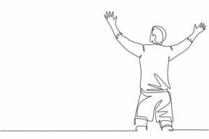 One continuous line drawing of sporty young soccer player spreading his arms and screaming loudly on the field. Match goal scoring celebration concept single line draw design vector illustration