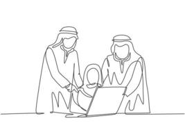 dibujo de línea continua única de jóvenes trabajadores musulmanes felices viendo videos de capacitación empresarial en una computadora portátil. tela árabe de Oriente Medio shmagh, hijab, thawb, bata. Ilustración de vector de diseño de dibujo de una línea