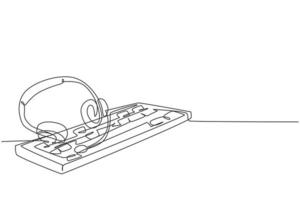 One single line drawing of headphone with microphone and keyboard on the work desk as customer service care equipment tools. Call center concept continuous line graphic draw design vector illustration