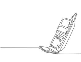 One single line drawing of old retro flip cellular phone. Vintage classic mobile phone to communicate concept continuous line graphic draw design vector illustration