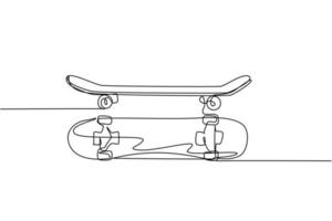 One continuous line drawing of set of old retro skateboard, side and top view. Hipster extreme classic sport concept single line graphic draw design vector illustration