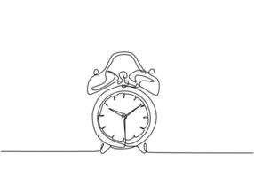 One continuous line drawing of classic analog desk alarm clock with big ring bell to tell the time. Table timepiece concept. Single line draw design vector illustration graphic