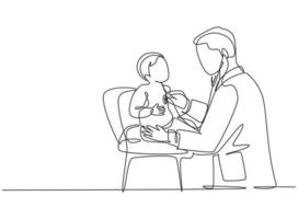 Single continuous line drawing of young male pediatric doctor examining heart beat cute toddler patient with stethoscope. Medical health care treatment concept one line draw design vector illustration