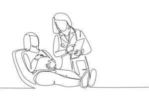 un dibujo de una sola línea de una doctora en obstetricia y ginecología hablando con el paciente y explicando la condición del útero. Ilustración de vector de diseño de dibujo de línea continua de concepto de atención médica embarazada