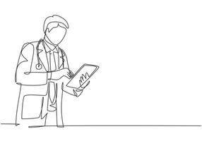 One single line drawing of young male doctor pose standing to read a journal health and medical record on tablet. Medical health care research concept continuous line draw design vector illustration